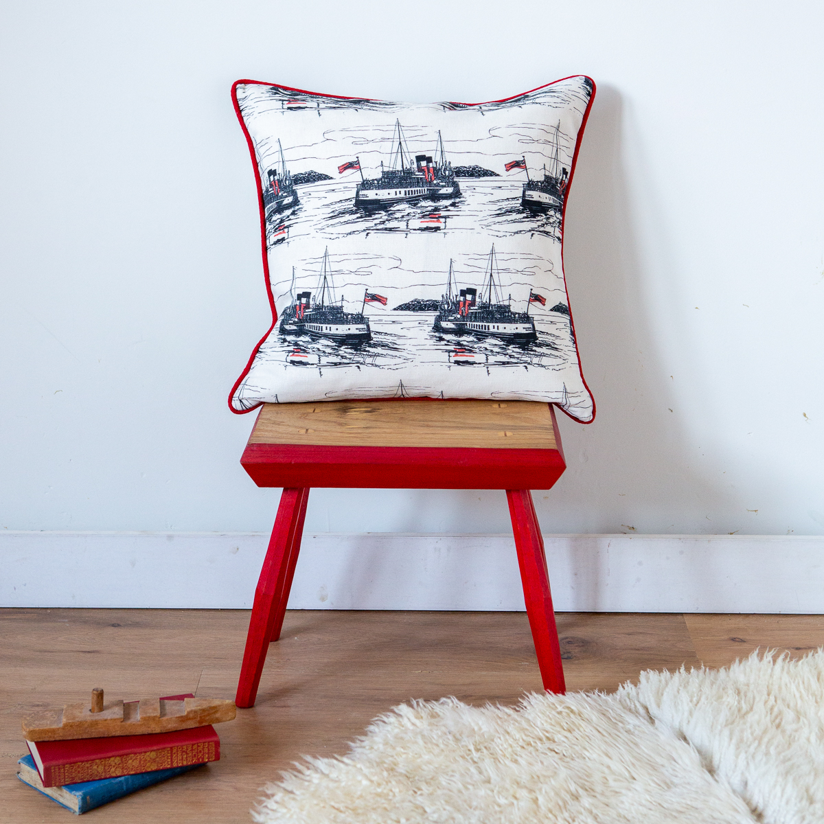 Waverley Cushion in Monochrome and Red Piping by Sarah Jane Hemsley